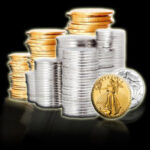 Gold coins and bullion including American Eagles, Maple Leafs, and gold bars.